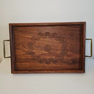 Vintage Wood carved tray brass handles engraved floral design felt bottom